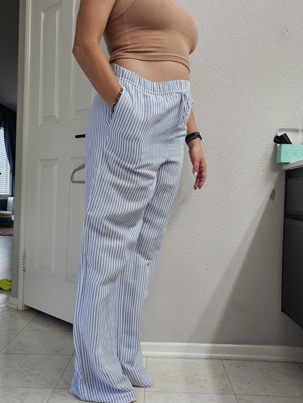 H&M Blue & White Striped Linen Blend Waist Drawstring Women's Pants 30x32 Casual